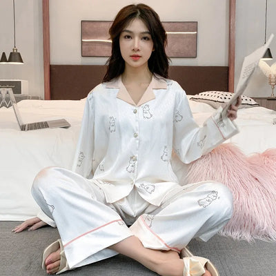 Women's Ice Silk Pajama Set Long Sleeve Pants Lightweight | SAMAG