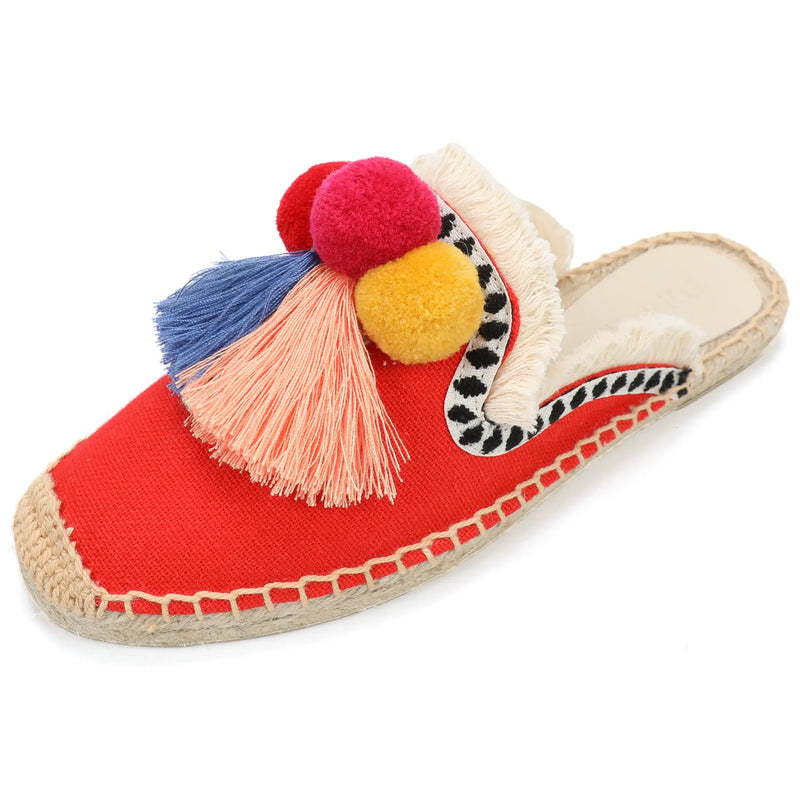 Women's Slippers  Espadrilles  Fluffy Ball Mule Slides Sale -  Rubber Hemp Shoes Outside Spring  women  sandals