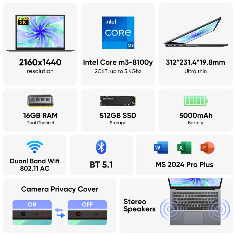 Windows 11 Pro Laptop with 14.1" 2K Screen, 16GB RAM, 512GB SSD, Intel Core Processor, Ultra-Thin and Light Notebook