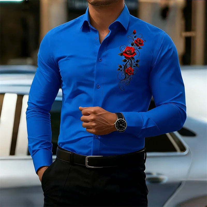 Men's Long-Sleeved Shirt, Featuring a Vintage Red Rose | SAMAG