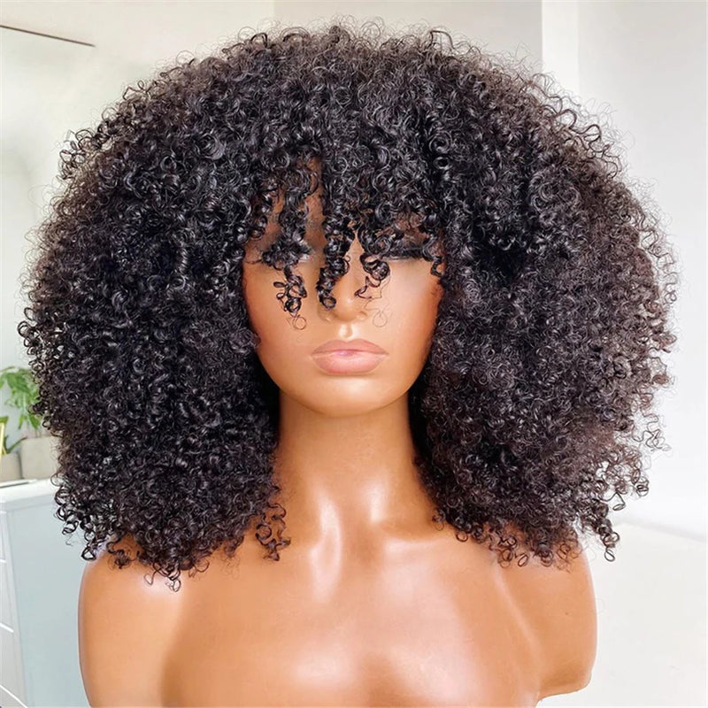 Mongolian Afro Kinky Curly Human Hair Wig For Women Raw Indian Hair Short Bob Wigs With Bangs Afro Curly Fringe Wigs Glueless