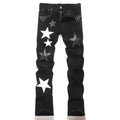 Men's Stars Patch Denim Jeans Streetwear Black Slim | SAMAG