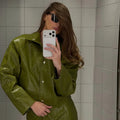 Elegant Pu Leather Jacket Skirt Suit Women Solid Full Sleeve Lapel Single Breasted Jackets Long Split Skirts Fashion Autumn Set