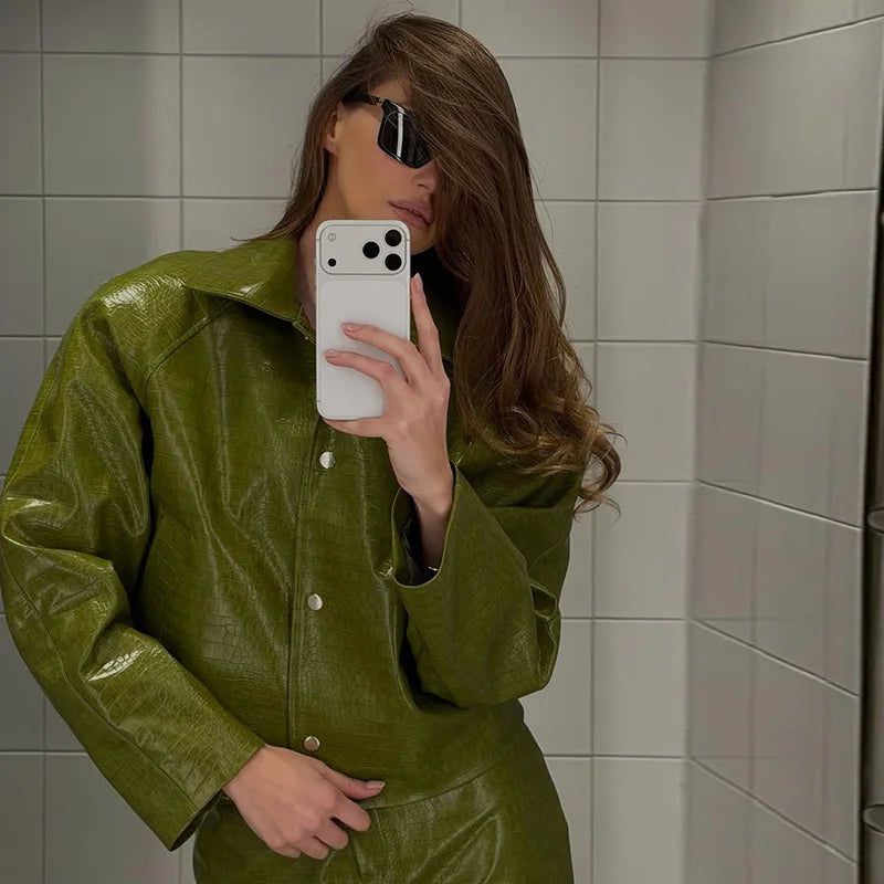 Elegant Pu Leather Jacket Skirt Suit Women Solid Full Sleeve Lapel Single Breasted Jackets Long Split Skirts Fashion Autumn Set