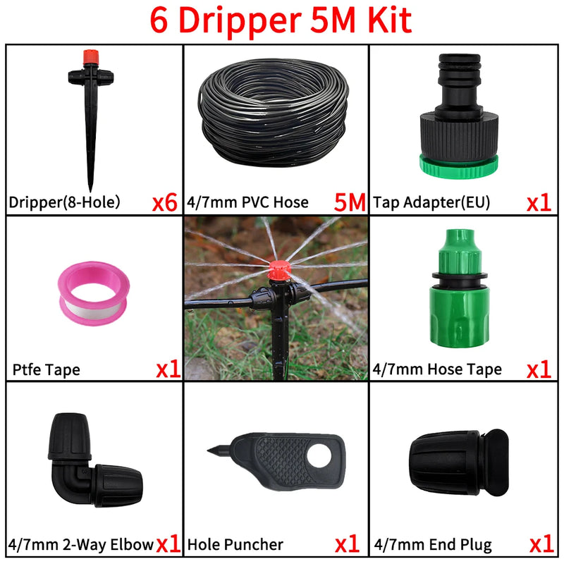 Garden Drip Irrigation 1/ 4'' Spiked Sprinkler Automatic Watering System Kit for Bonsai Pot Plant Flower Vegetable Greenhouse
