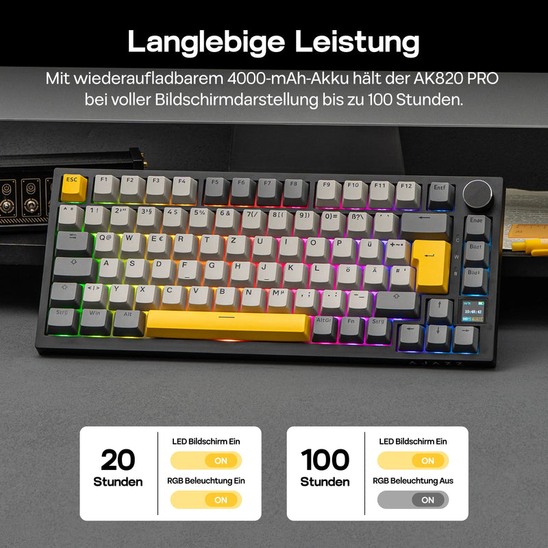 ISO-DE Layout AJAZZ AK820 PRO 75% QWERTZ German Layout Gasket Wired/Bluetooth/2.4G Wireless Mechanical Keyboard for Win/Mac