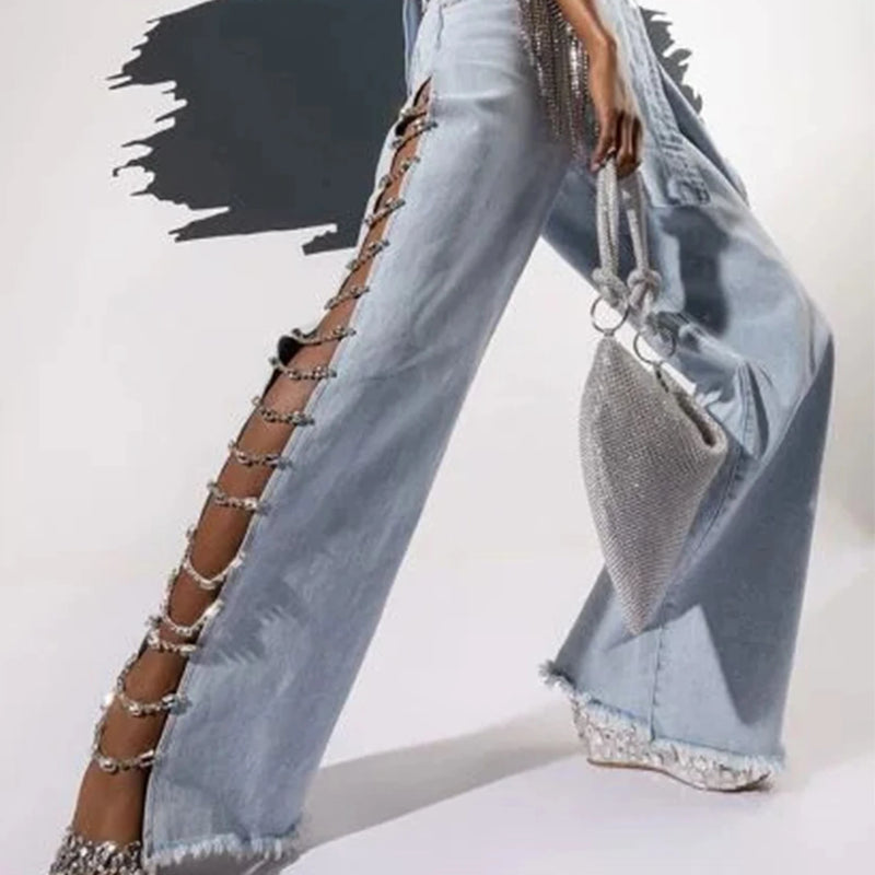 Sexy Hole Rhinestone Denim Pants Women Fashion Baggy - View 6 | SAMAG