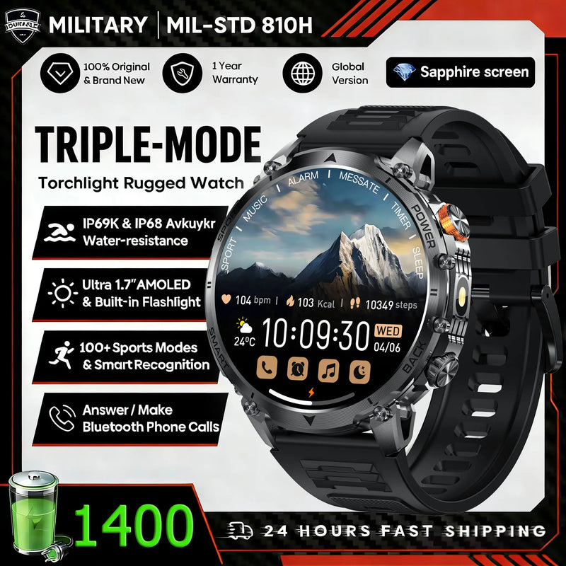 Hot New 1400mAh Big Battery Smart Watch Men Outdoor Flashlight IP68 Waterproof Bluetooth Call AMOLED Military Sports Smartwatch