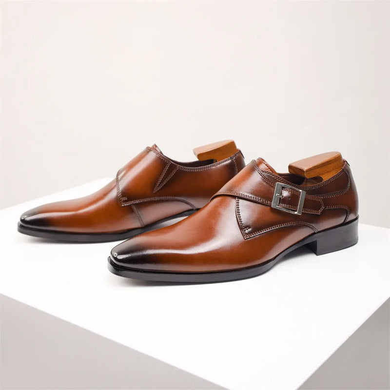 Classic Retro Dress Men Monk Leather Shoes with Pointed Toe Buckle Business Shoes Office Wedding Comfortable Men Oxfords Shoes