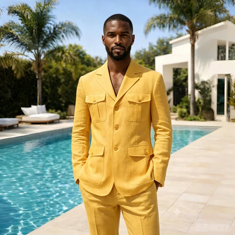 Linen Summer Safari Suits For Men 2 Pieces Separates Blazer Pants Set Casual Outfit For Beach Wedding Prom Party Man Suit