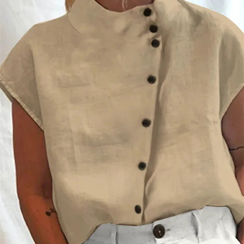 Elegant Cotton Linen Stand Neck Shirt Female Summer - View 5 | SAMAG