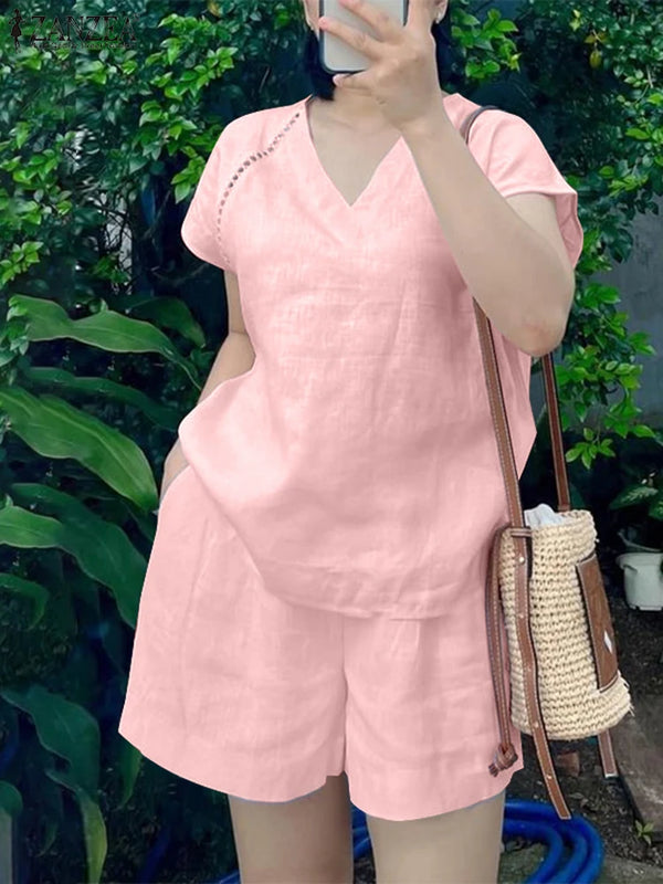 2025 ZANZEA Women's Short Sets Summer Lace Insert Short Sleeve V Neck T-shirt and Elastic Waist Shorts Casual 2-Pieces Suits