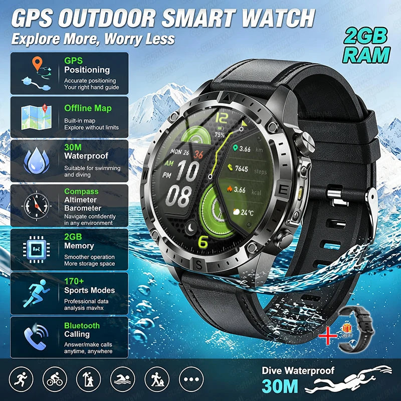 2026 Offline Map New Smart Watch 3ATM Waterproof GPS Navigation Compass Altimeter Flashlight Men 170+ Sports Bracelet Men Women