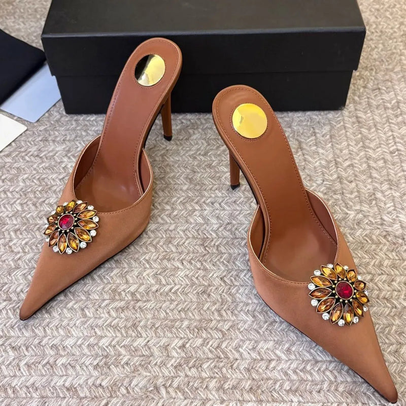 Women's new satin pointed toe toe water diamond high heels slippers party wedding high heels women's sandals