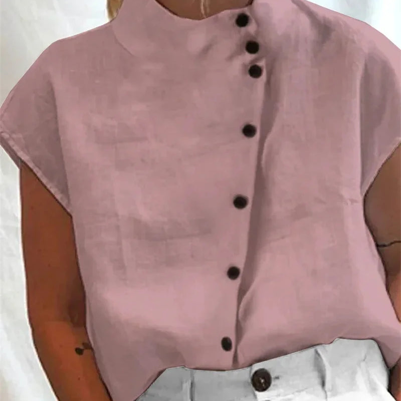 Elegant Cotton Linen Stand Neck Shirt Female Summer - View 2 | SAMAG