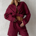 FSMG Fashion Solid Cotton Linen Shorts Set Casual Loose Buttons Long Sleeves Shirt  Elastic Waist Shorts Outfit Lady Chic Outfit