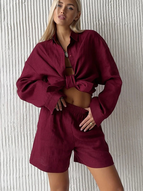 FSMG Fashion Solid Cotton Linen Shorts Set Casual Loose Buttons Long Sleeves Shirt  Elastic Waist Shorts Outfit Lady Chic Outfit