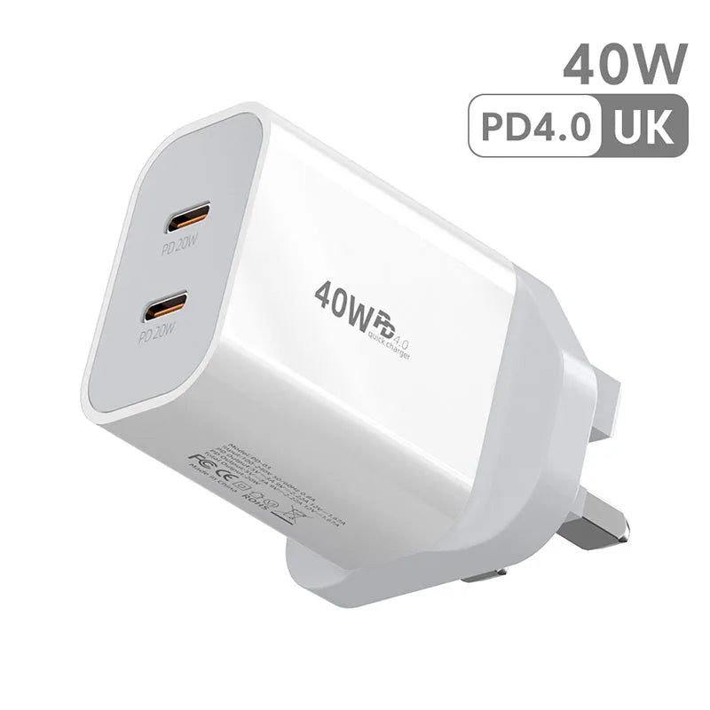40W Fast Charger Type C Dual Port PD Fast Charging Charger Adapter For iPhone 15 14 Samsung S23 Xiaomi 10A USB C To USB C Cable