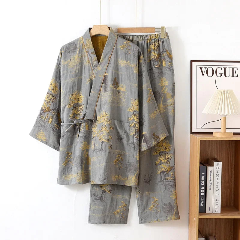 Autumn Kimono Men's Spring Robes with Long Pants Pajamas Set Home Clothes Cotton Loose Pijama Masculino Clothes