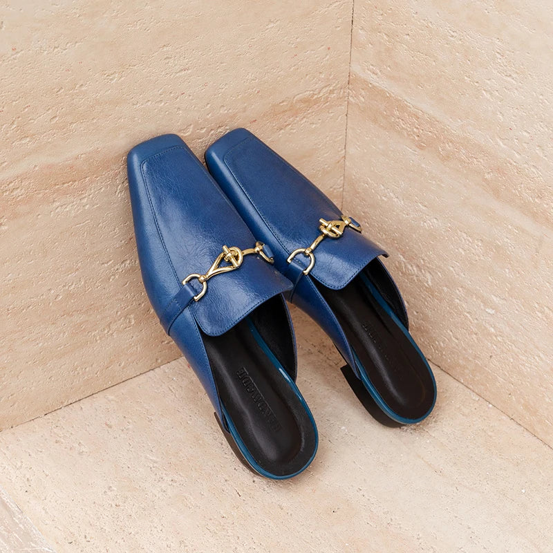 Premium Handmade Genuine Leather Cowhide Women's Shoes,Square Toe Low Heel Women Mules,Fashion Casual Women Slippers
