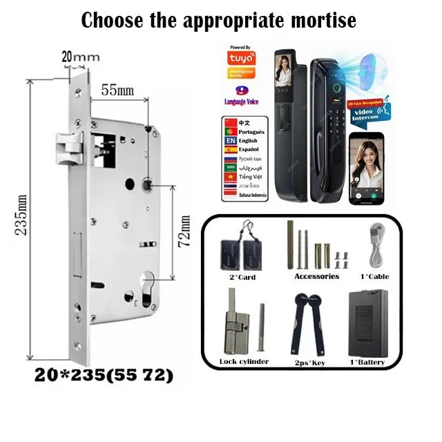 6068,5572,6072,6085 Mortise Lock Tuya Wifi App Camera Smart Digital Lock With Fingerprint Face Key Card Rfid