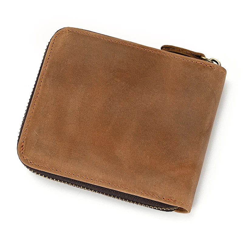 Men Crazy horse Genuine Leather Coin Wallet Real Leather Snap Short Purse Women Coin Pocket Zip Around Small Trifold Pocket