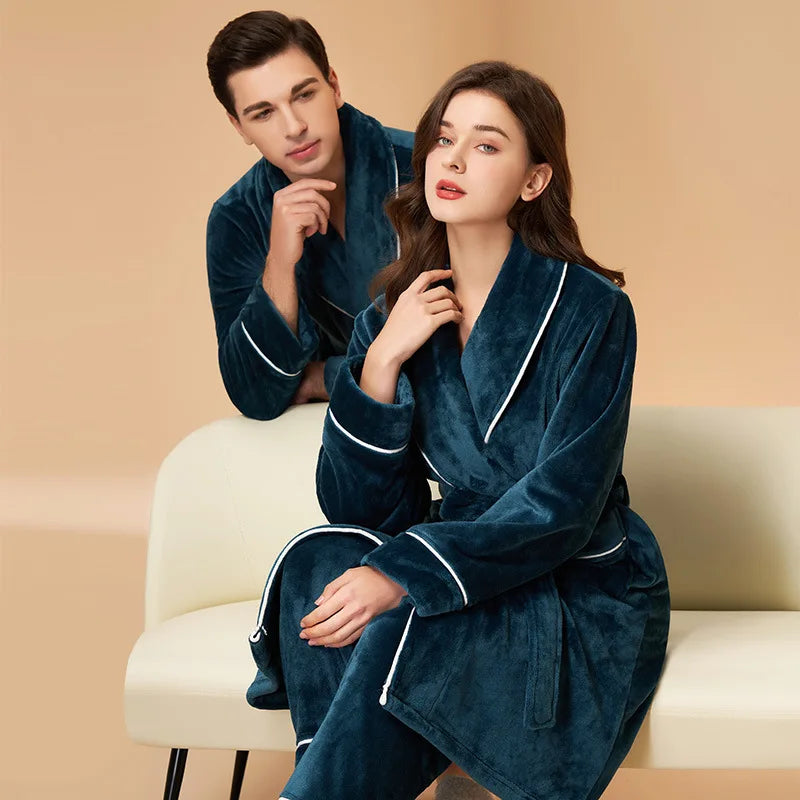 Flannel Couple Robe And Pant Set Warm Autumn Winter Thick Coral Fleece Pajamas Women's Bathrobe Men's Sleepwear Loose Home Cloth