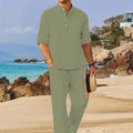Men's White Linen Suit Set Long Sleeve Henley Shirt and Elastic Waist Pants Two Piece Outfit Summer Casual - View 11 | SAMAG