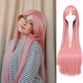 QQXCAIW Long Straight Cosplay Wig Black Purple Black Red Pink Blue Dark Brown 100 Cm Synthetic Hair Wigs
