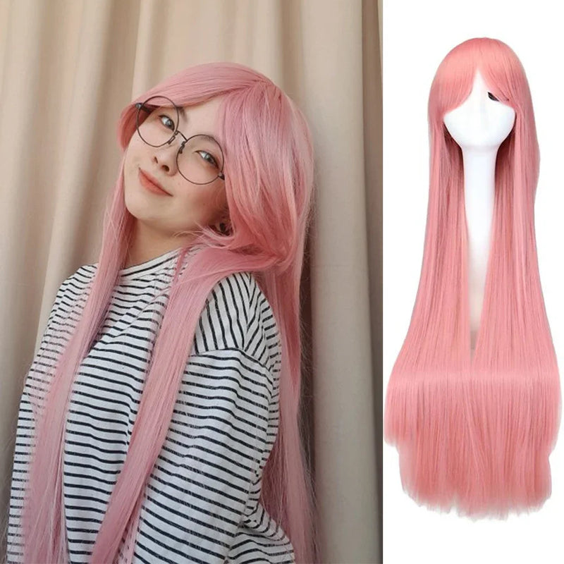 QQXCAIW Long Straight Cosplay Wig Black Purple Black Red Pink Blue Dark Brown 100 Cm Synthetic Hair Wigs