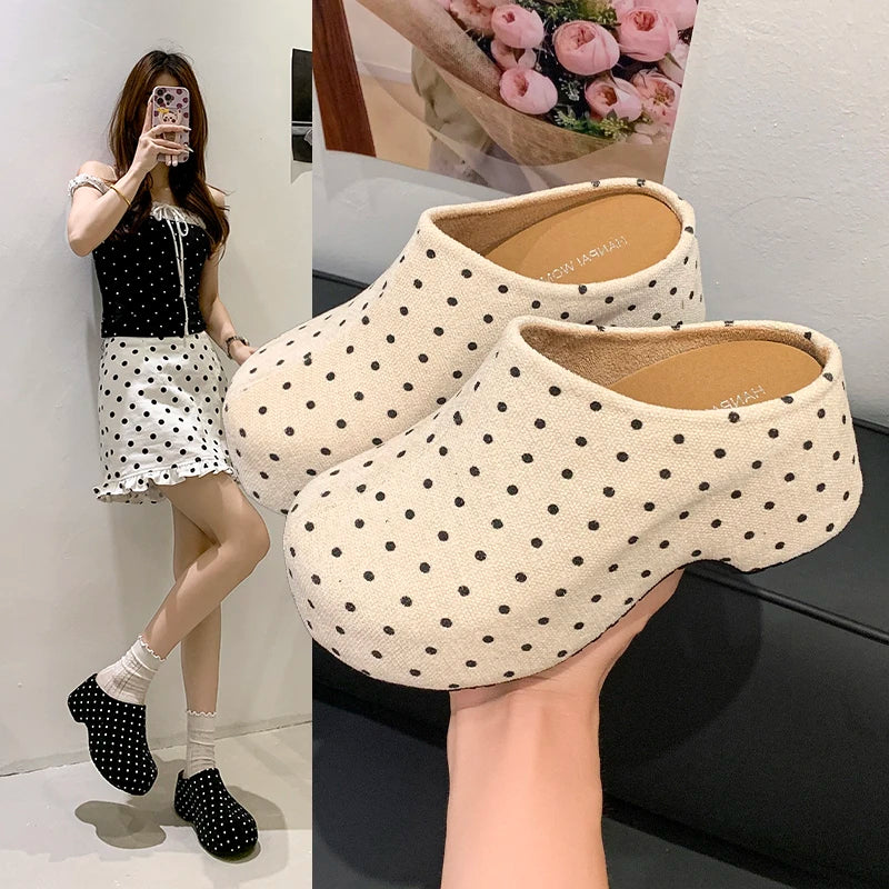 Women Polka Dot Platform Mules Closed Toe Slip On Wedge Clogs Casual Outdoor Slippers Beige Black Brown Three Trendy Shades