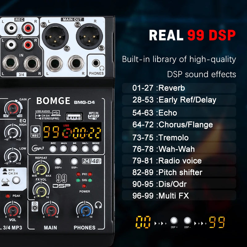 BOMGE D4 Audio Mixer 4 Channel Mini Mixer 99 DSP Reverb Effects USB Audio Interface Bluetooth for Karaoke Podcast Live Streaming