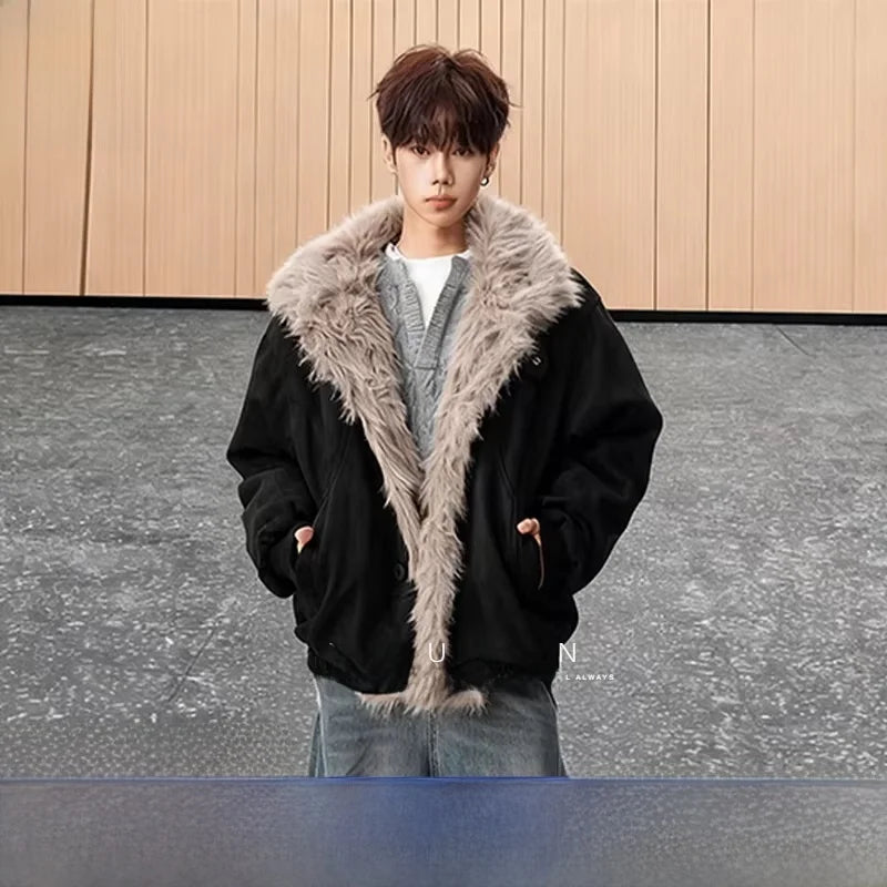 Café Brown Fur Collar Short Thickened Men's Jacket Winter Coat Youth Fashion Suede Mink Velvet Cotton Clothes for Men