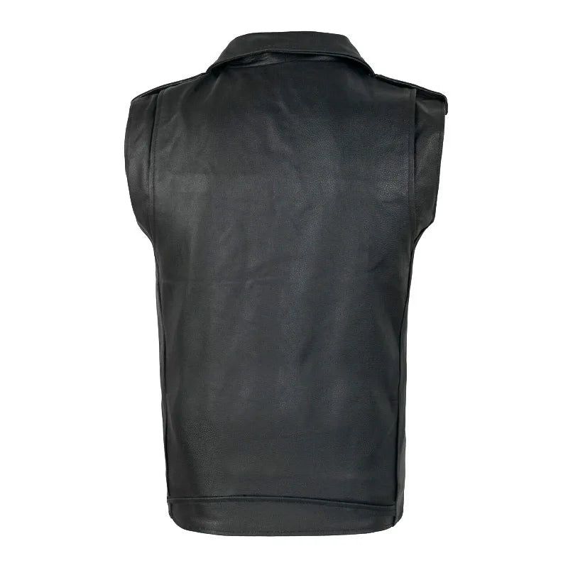 Purchase high-quality men's PU leather vest, popular motorcycle zipper leather jacket, punk rock outdoor multi pocket vest