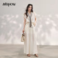 MISHOW Women's Linen 2 Piece Sets 2026 Summer Lapel V-neck Shirt High Waist Wide Leg Pants Set with Scarf Office Lady MXF20T1713