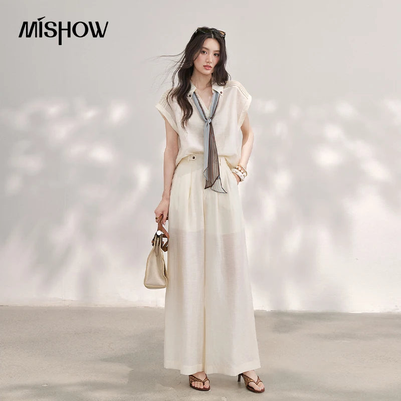 MISHOW Women's Linen 2 Piece Sets 2026 Summer Lapel V-neck Shirt High Waist Wide Leg Pants Set with Scarf Office Lady MXF20T1713