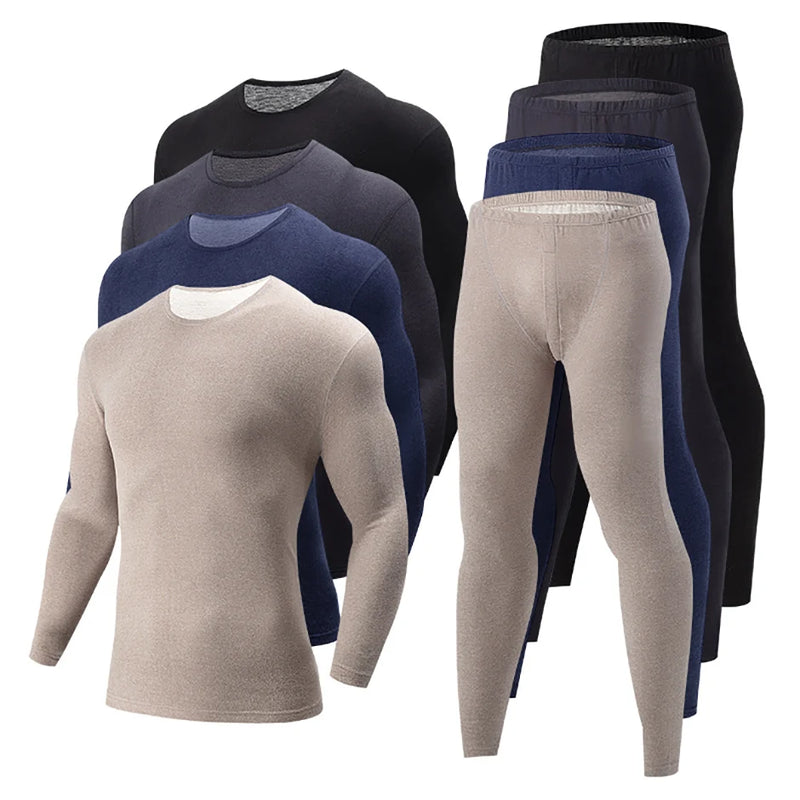 2-pcs Autumn And Winter Men's Thick Semi High Neck Thermal Underwear Set Solid Color Fashionable High Neck Top Warm Casual Pants