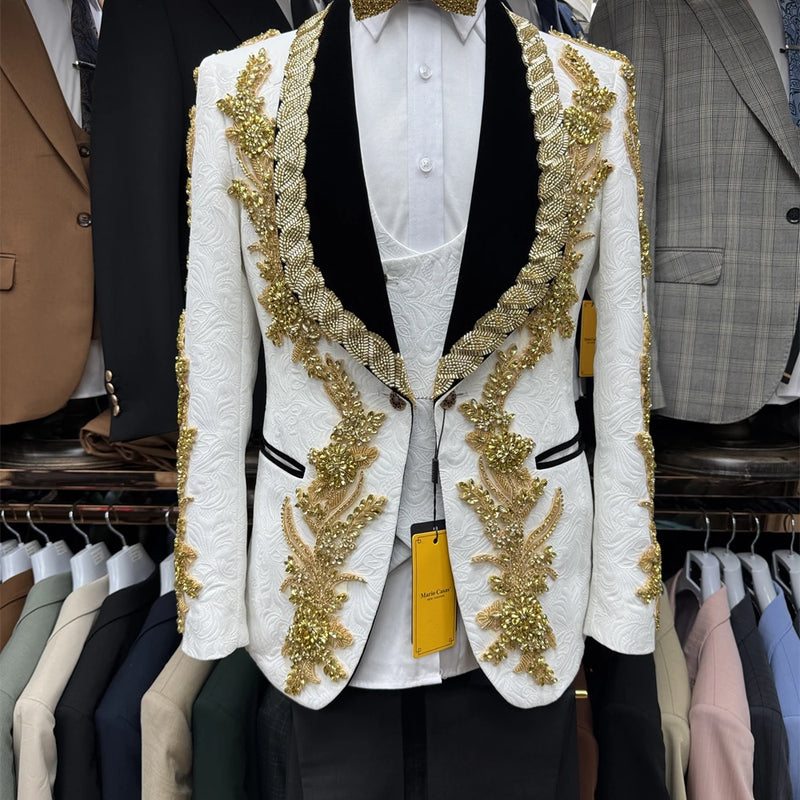 ULBYANRY Jacquard 3-Pieces Suit Including Jacket Vest Pants Suit Attires Luxury Handmade Men's Suit Set with Gold Rhinestones
