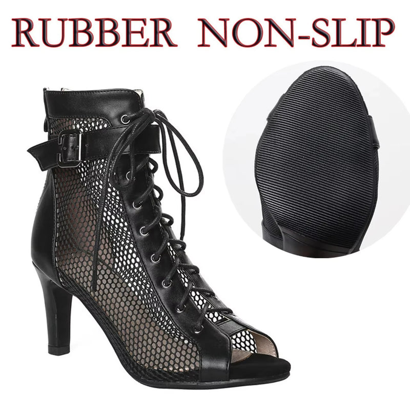 Summer Dance Heels Breathable Mesh 9.5cm 7cm Stable Heel Rubber Sole Suede Sole Customized Salsa Latin Party Team Dance Shoes