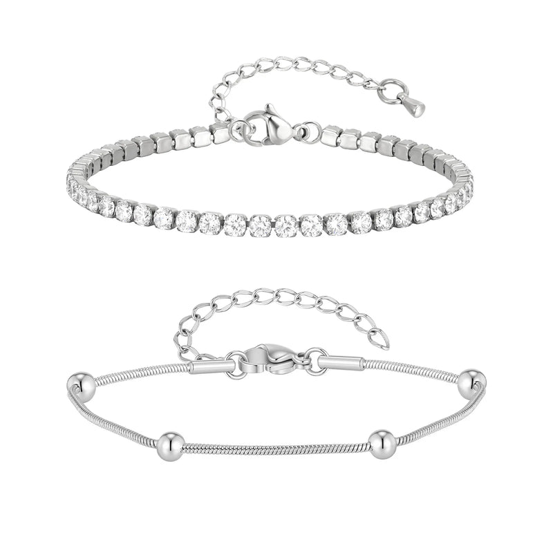 2pcs Stainless Steel Bracelets Set, Minimalist Elegant Bead Round Snake Chain Bracelet, Luxury Zircon Tennis Chain Wristband