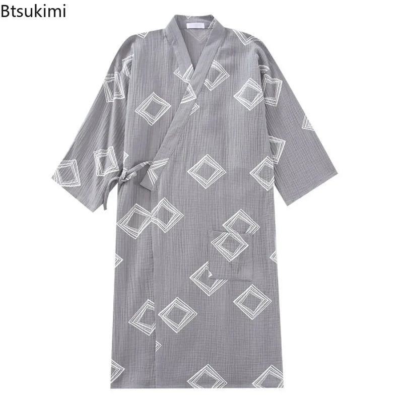 Men's Cotton Crepe Cloth Pajamas Robe Japanese Kimono Cardigan Sleepwear Print Homewear Two-layer Gauze Comfort Bathrobe for Men