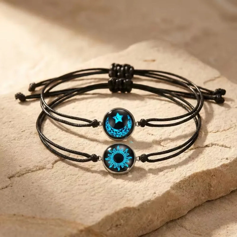 Handmade Braided Couple Bracelets Sun Moon Themed Glow In The Dark Glass Bead Adjustable Rope Wrist - Visuel 2 | SAMAG