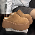 Women's Suede Platform Mules Round Toe Thick Chunky Sole Cotton Lined Warm Clogs Backless Slides Casual Height Increasing Shoes