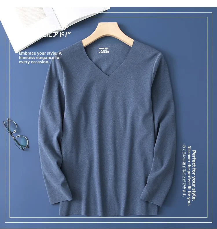 Double-Sided Deroing Men's Long Sleeve V-Neck Thermal Top Seamless Comfortable Cotton Knitted Base Layer Shirt Casual Fashion