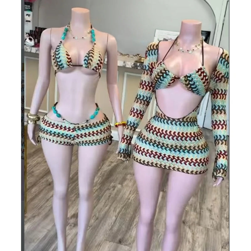 HLJ Y2K Fashion Coffee Striped Bikini Set Women Beaded | SAMAG