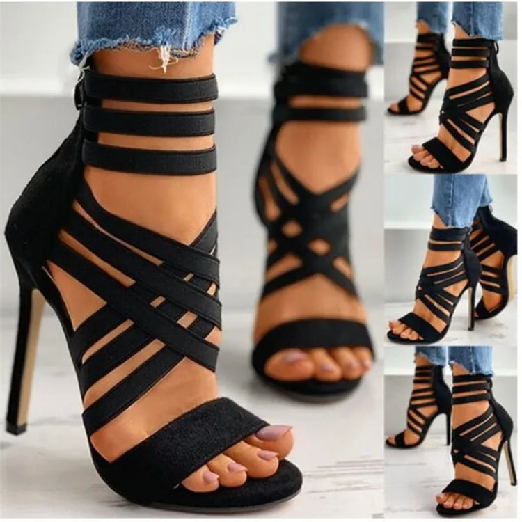 Women's Sandals Elastic Band Cross High Heels Sexy Peep Toe Pumps Summer New Back Zipper Sandals Black Pointed Toe Women Shoes