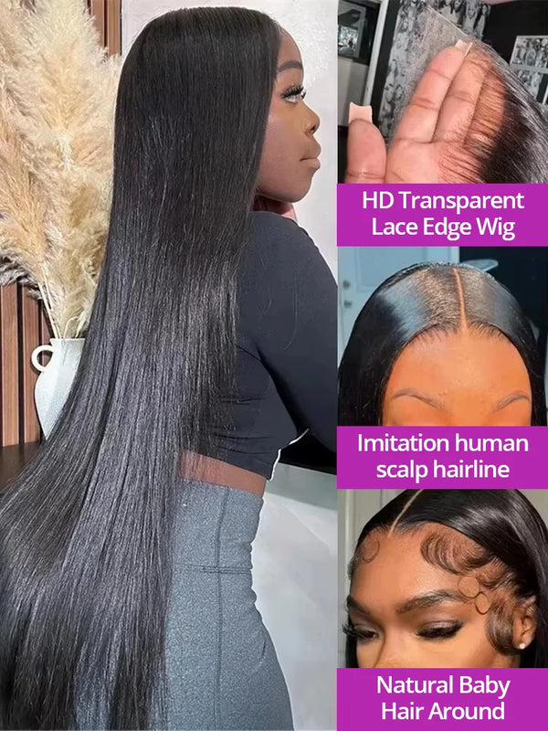 300 High Density Hd 13x4 13x6 Bone Straight Human Hair Lace Front Wigs Pre Plucked Baby Hair Brazilian 40 46 Inch 360 Full Lace Frontal Wigs For Black Women 100% Real Human Hair Natural Black Color