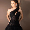 Oine Black One-Shoulder Lace Tulle Evening Dresses | SAMAG
