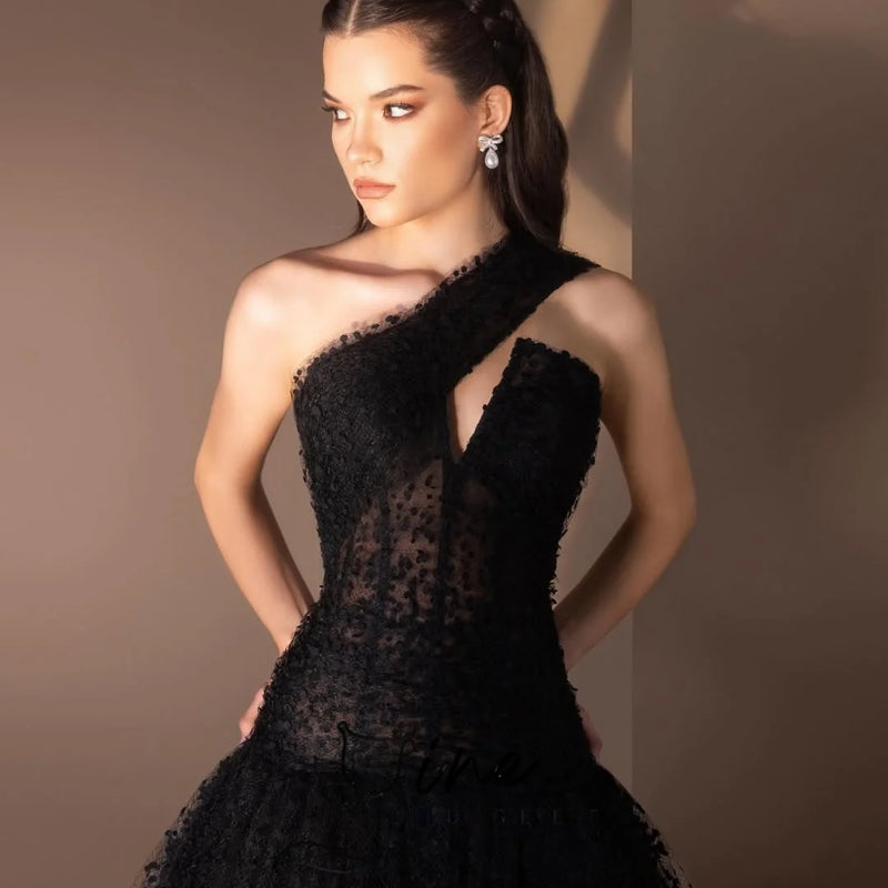 Oine Black One-Shoulder Lace Tulle Evening Dresses | SAMAG