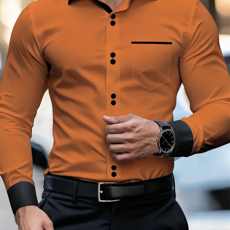 Men's Business Color Block Collar Long Sleeve Shirt, Slim | SAMAG